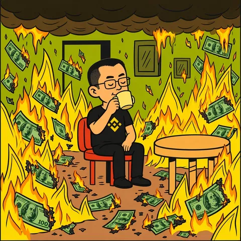 Classic this-is-fine room engulfed in flames and burning $100s; CZ sits on red chair sipping coffee, eyes closed in bliss