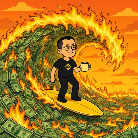 CZ surfing a yellow board through a curling wave of burning $100 bills, coffee mug in hand, orange sunset