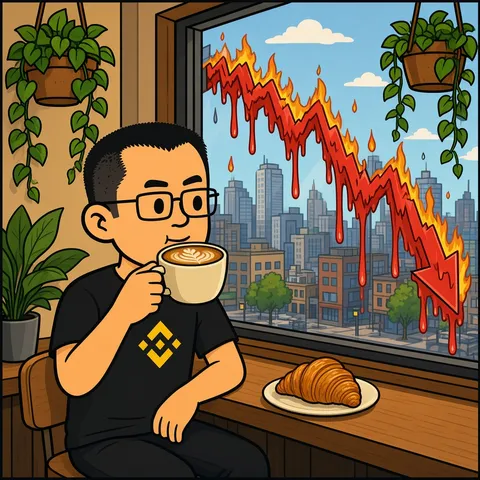 Cozy coffee shop, latte in hand, while a giant red crypto chart melts and burns behind the window