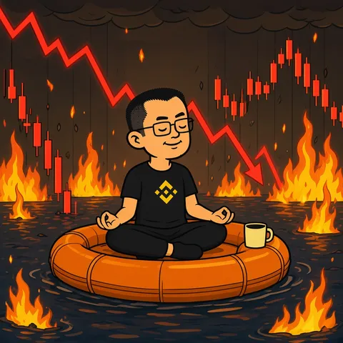 Lotus meditation on an orange life raft amid flaming red candlestick charts rising from dark water