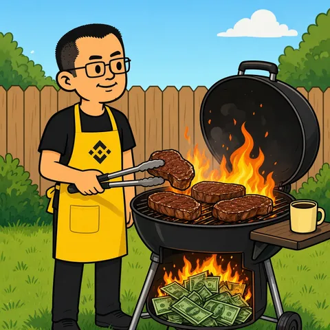 Backyard BBQ in a yellow diamond apron, grilling steaks fueled by burning $100 bills