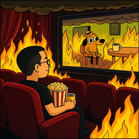 Movie theater on fire; CZ with popcorn and coffee watching the "This is Fine" dog on screen