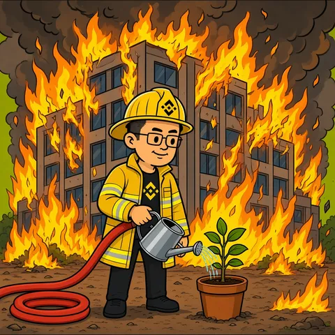 CZ as firefighter calmly watering one potted plant while the building behind him burns, hose unused