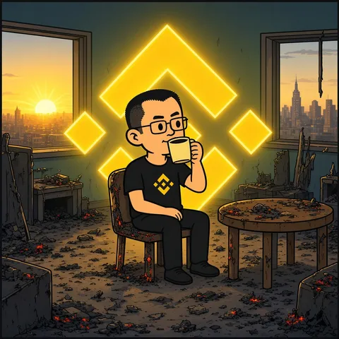 Sunrise after the fire: sipping coffee among ashes and embers, giant glowing yellow diamond behind him